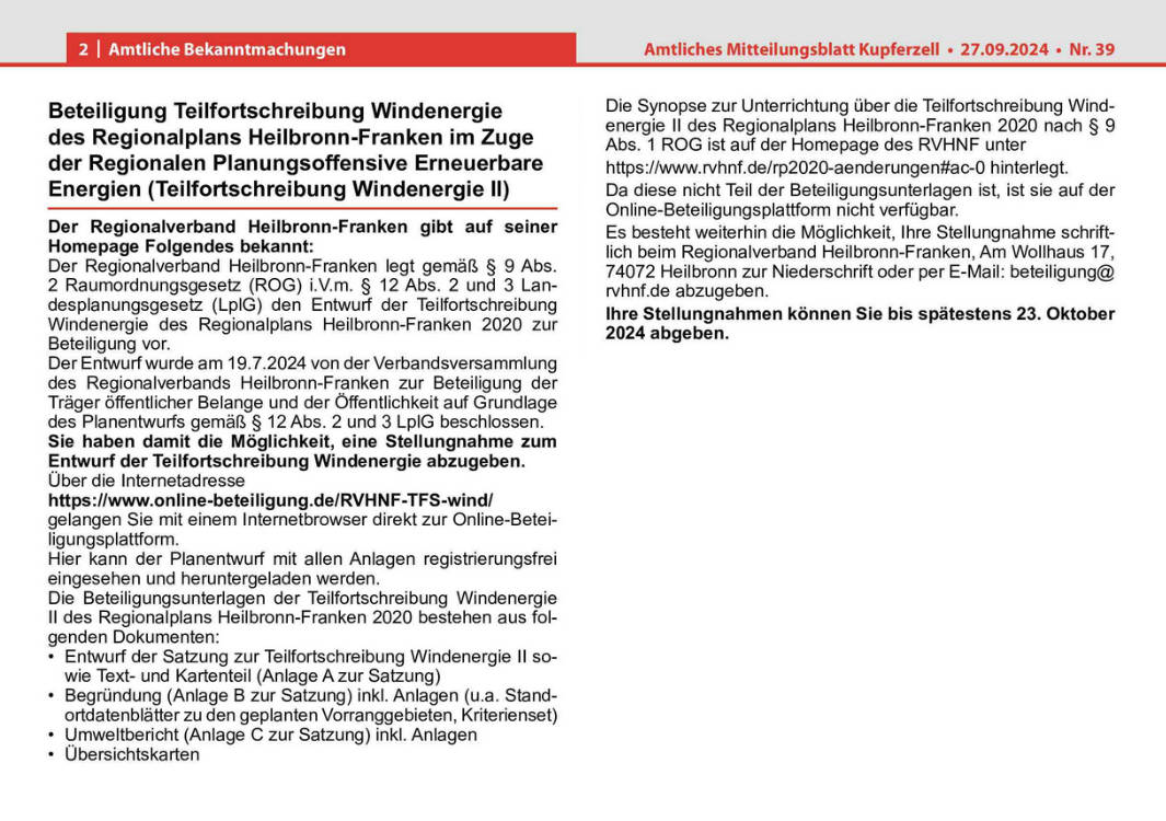 Beteiligung Teilfortschreibung Windenergie des Regionalplans Heilbronn-Franken
